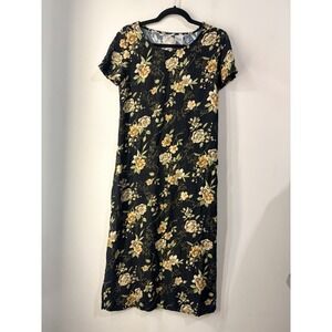 Vintage Studio Ease Floral Rayon Midi Dress Black Beige Cottagecore Petite 10P